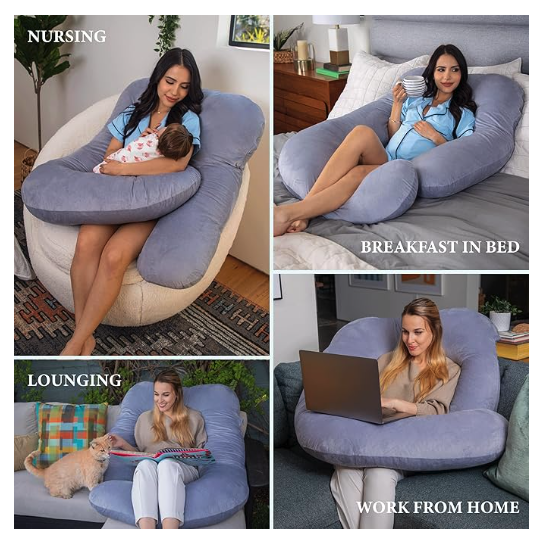 Four images of a grey pregnancy pillow featuring a model nursing, drinking coffee, lounging or working at a laptop with the pillow wrapped around her in different configurations. It's basically a giant u-shaped pillow with long sides that go down either side of the body 