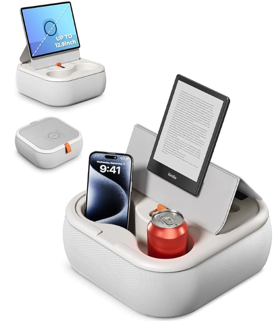 Viozon tablet stand with a square design, a folding lid that has a magnet to hold an ereader, phone, or tablet, and two compartments in the front for a drink, snack, phone, whatever. 