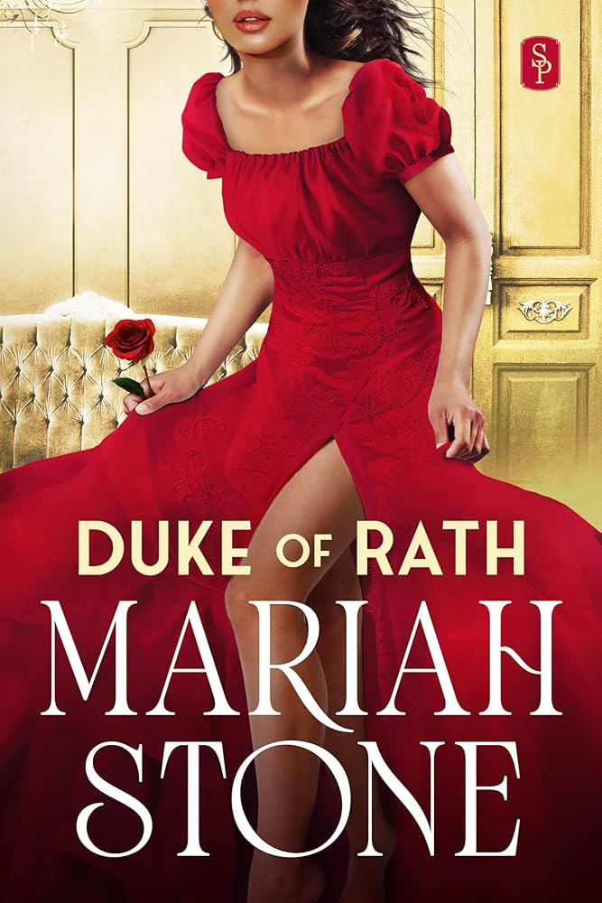 Duke of Rath by Mariah Stone. A headless woman in a red cap-sleeve dress in a yellow gold drawing room. I think she's supposed to be perched on the edge of a couch, but it looks like more like she's about to squat to poop.