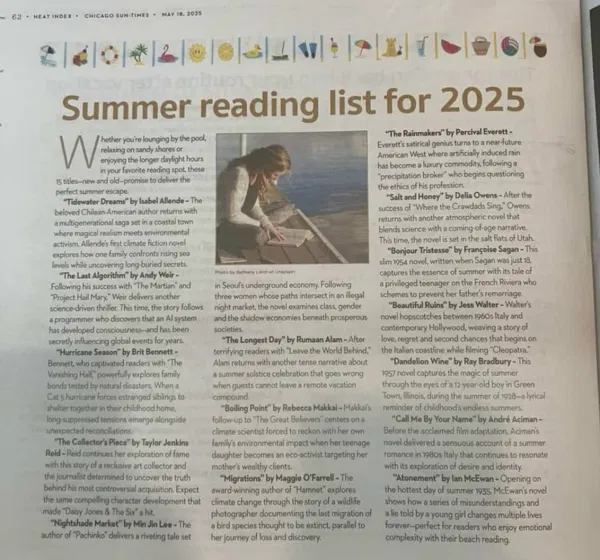 A picture of the sun times reading list for summer. It includes nonexistent and fabricated books by Andy Weir, Taylor Jenkins Reid, Ray Bradbury and others.