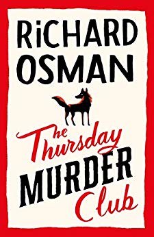 The Thursday Murder Club - a cream background with red and black lettering, a red border, and a dog in the middle 