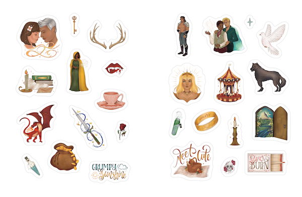 A sample page of stickers including a magician with a yellow cape and a green gown, a sword, dragon, rose, bag of gold, stickers that say grumpy/sunshine, meet cute, and slow burn, a doorway leading to afantasy land with a river and mountain, a wolf, dove, and some images of people and couples
