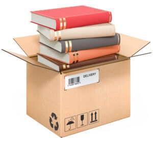 a rendering of a shipping box with a stack of books on top in orange, grey, cream, and coral