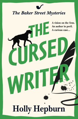 The Cursed Writer by Holly Hepburn. Green border, green text with black motifs of a dog and a quill pen 