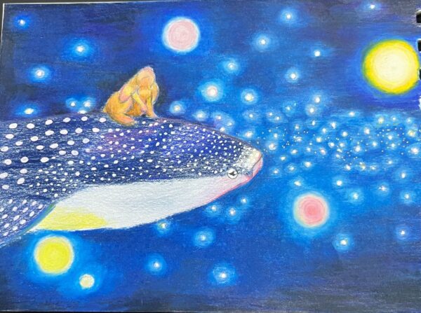 A pencil image by Sneezy of a deep blue background with floating gold and rose orbs, with a large spotted whale swimming through and a bunny sitting on top 