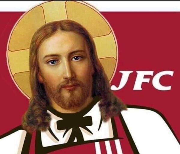 the KFC logo with renaissance Jesus' face and halo on top of colonel sanders, and instead of KFC it says JFC 