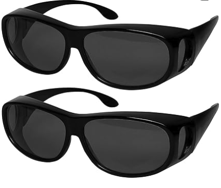 Two pair of wrap around sunglasses that go over prescription glasses in grey and black