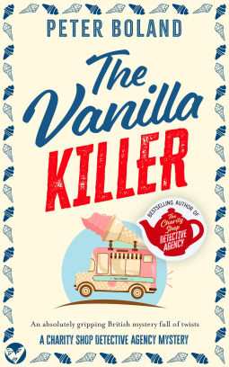 the vanilla killer - peter boland. A border of shells on a cream background, with drawn letters in red and blue with an illustration of an ice cream truck 