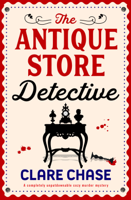 A red scalloped border with a small table with knick knacks on top, red and black text 