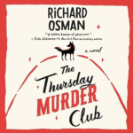 The Thursday Murder Club Richard Osman -Audio cover - cream background, red border, slanted drawn letters in black and red