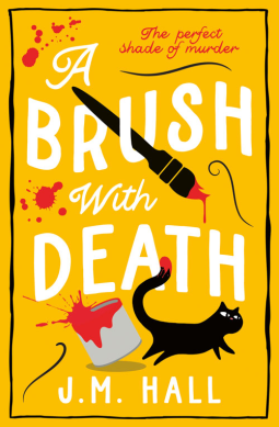 A yellow background with a black line frame, with title in white and a black cat and a paint brush in black 