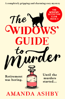 The WIdow's guide to murder by Amanda Ashby - cream background, red and black drawn letters, a cat and a poison bottle 