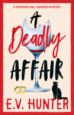 red border, cream background, red and black letters against a illustration of a cracked wine glass, with a cat. Seriously the style is constantly repeated.