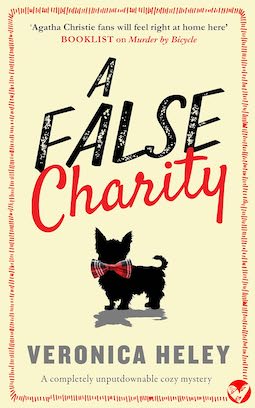 A False Charity - Veronica Heley - cream background, red border, red and black slanted letters, scottie dog 