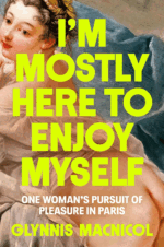 I'm Mostly Here to Enjoy Myself by Glynnis MacNicol. A watercolor of a woman lounging on her stomach on a muted blue chaise. Her butt is out.
