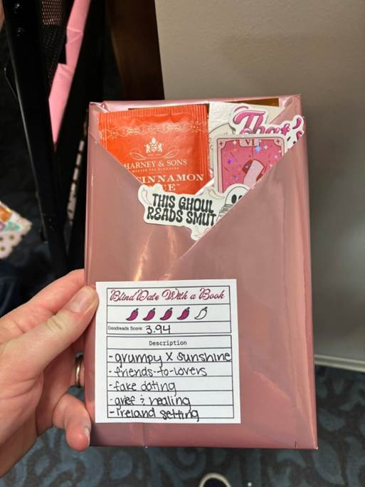 Alt text: A book wrapped in shiny pink wrapping paper with a sticker with blind date with a book on it, a chili pepper rating system (4/5), and a description: grumpy x sunshine, friends-to-lovers, fake dating, grief and healing, Ireland setting.
