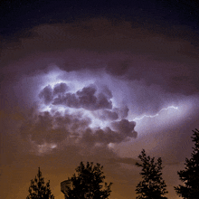a loop of a thunderstorm above some trees with lightning flashing