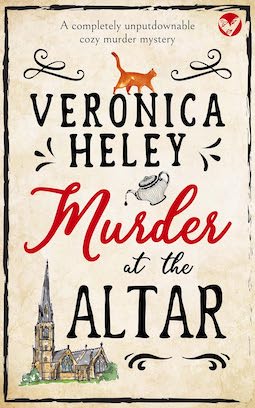 Murder at the Altar by Veronica Heley - cream background, black and red text, illustration of a cathedral at the bottom