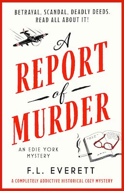 A report of a murder FL Everett - red border, cream background, red text at a slant with a illustration of a magazine with red glasses on top