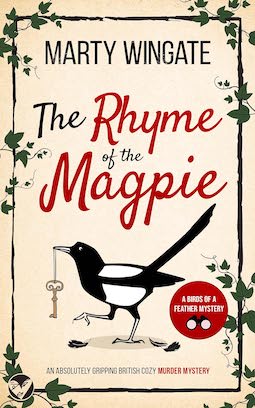 The Rhyme of the Magpie by Marty Wingate - a cream background with a black border iwth tiny ivy leaves, with the title in red and black with a magpie illustration in the middle 