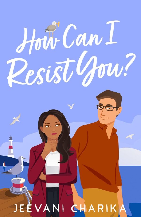 An Illustration of a woman with brown skin and hair standing with her arms crossed, one hand on her chin as she side eyes a taller man with lighter skin, brown hair and glasses. Behind them is a beach pier.