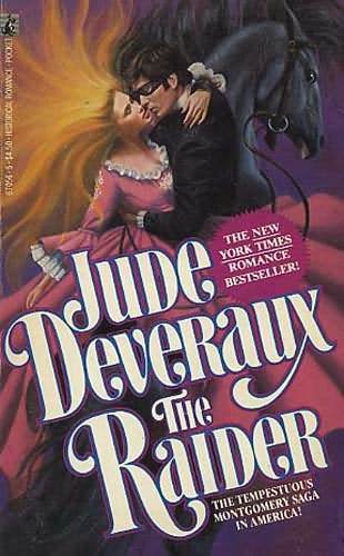 The original cover for the raider. More than half of the illustration is her giant, swirling pink skirt. Her hair, which is blonde, is reaching out from her head in a giant fan, like an octopus almost, and the dude, and no idea HOW he is on this horse, is holding her around the waist. he's got a black suit and a mask over his eyes. The horse behind him has its mouth open and looks appalled.