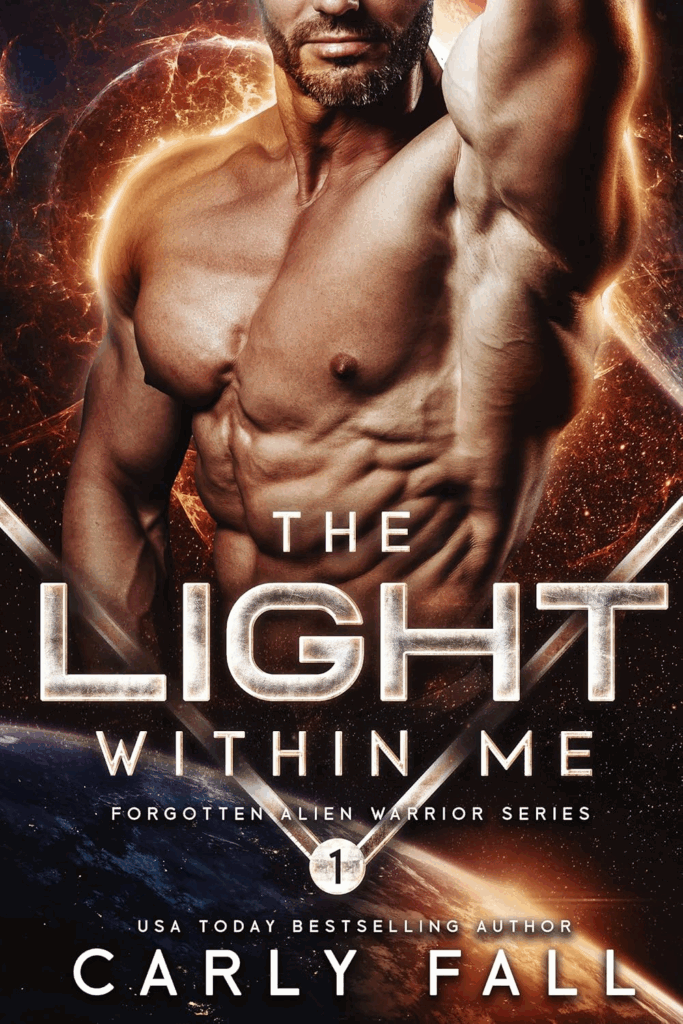 The Light Within Me by Carly Fall. A shirtless, headless man in floating in space with an exploding planet behind him. One arm is raised and his chin is tilted toward his armpit.
