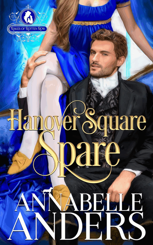 Hanover Square Spare by Annabelle Anders. A man sits on a blue couch. A headless woman sits on the pack of the couch in a matching blue dress. Her white-stockinged less are crossed and over the man's shoulder. Her shoes are mustard yellow loafers with a bow.