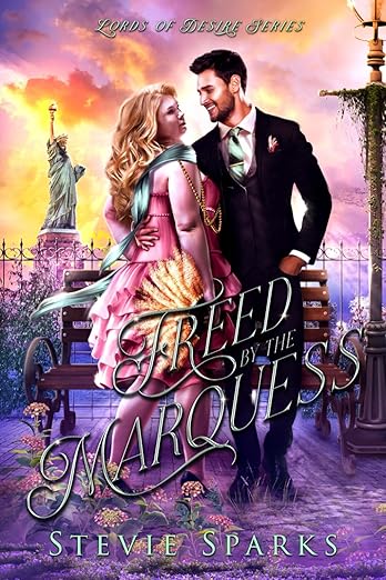 Freed by the Marquess by Stevie Sparks. Lots of muddied colors! A man in a suite with a pink pocket square and baby blue tie wraps his arm around a curvy blonde woman. She has on a short pink corseted dress, a baby blue silk scarf, and is holding a yellow feather fan. The sky is orange and pink with the Statue of Liberty in the background. The ground is weirdly very purple and flowers are blooming everywhere.