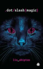 the cover of Dot Slash Magic a close up of a cat's face washed in blue and grey with pink binary code in the eyes forming pupils