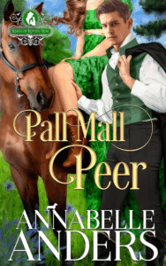 Pall Mall Peer by Annabelle Anders. A headless woman in a green dress sits on a brown horse. A blond man in a green waistcoat stands nearby, holding the woman's calf.