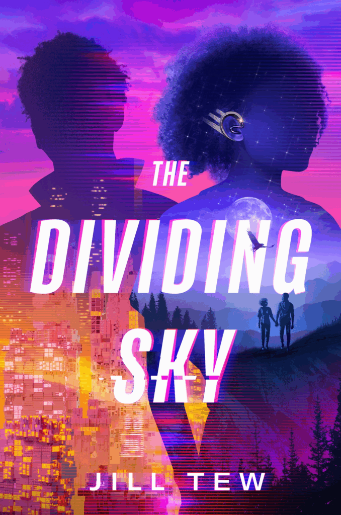 The Divining Sky by Jill Tew. The silhouette of two people in dark purple, a man and a woman. The man has a high collar and spiky hair. The woman has big curly hair in an afro style. In the bottom of their figures is an orange city scape and a fuchsia woody mountain with two figures on top. 