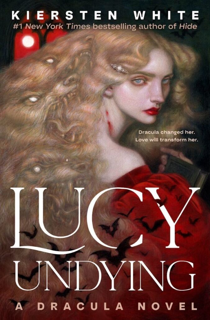 Lucy Undying by Kiersten White. A pale woman in a red dress with thick blonde hair. She's looking over her shoulder with red lips and a bleeding bite marks on her neck. Black bats fly across the bottom of the cover. The image of wolf heads with snarling teeth blend into her thick hair.