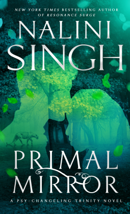 Primal Mirror by Nalini Singh. In green is the outline of a man kissing a woman's forehead. Within that shape is a jungle with a prowling jaguar. Outside of that outline is dark green leaves and foliage texture.