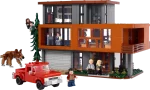 A model of the Cullen house from the movie, with a red pickup truck, a wolf, ,and three levels of a modern house with minifigs of Edward, Bella, Cullen and his wife, Bella's Dad, Jacob, and one of the sisters whose name I never remember.