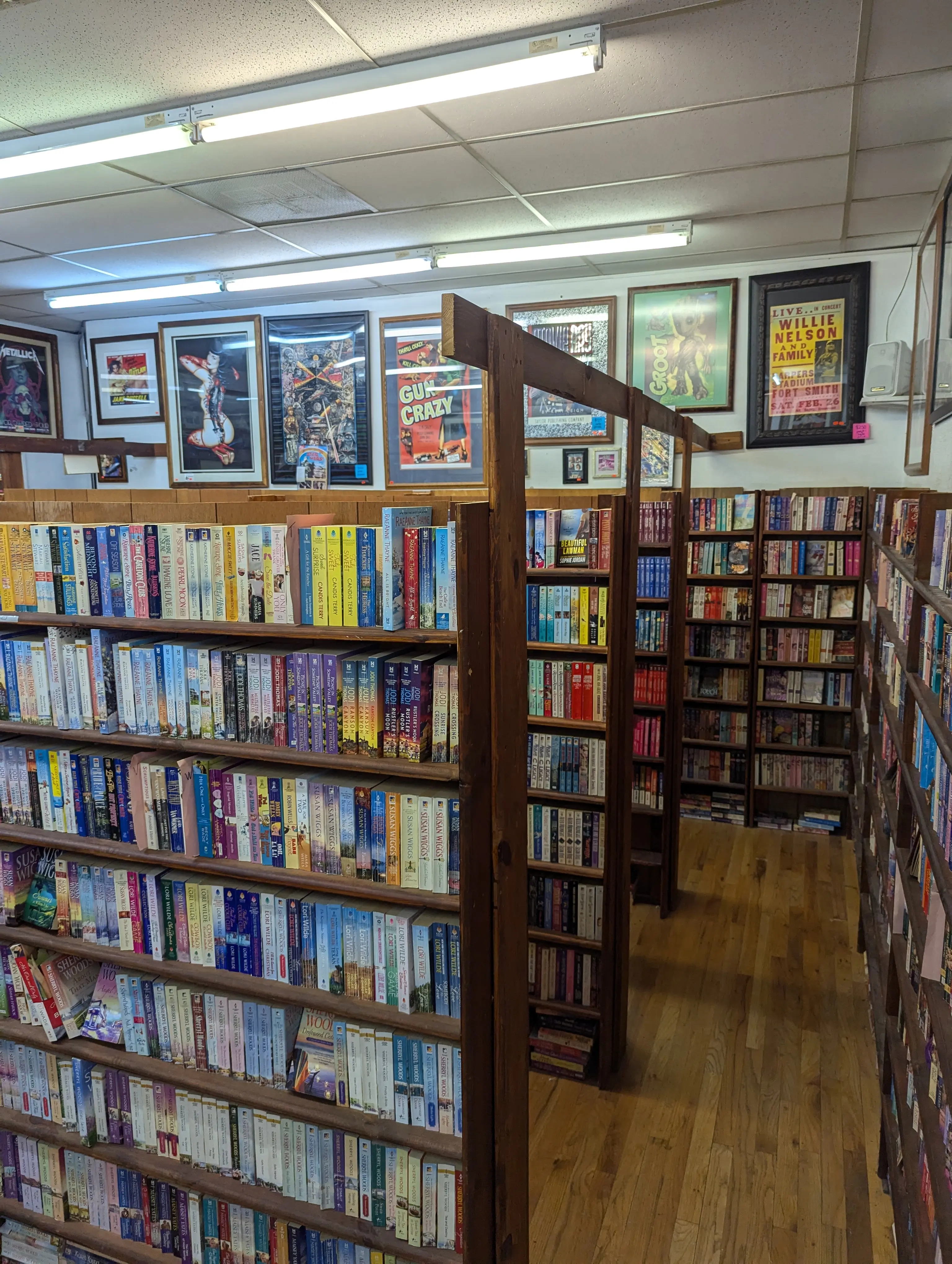 A picture of bookshelves filled with old romances, with old movie posters on the far wall 