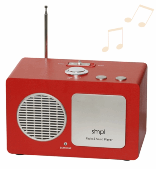 The Simple Music Player One Button Radio - a red plastic radio with one speaker and one button the top 