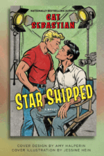 A vintage comic style illustration of two men about to kiss. One is standing up, has blonde hair in a kind of pompadour, and is wearing a right red shirt and jeans. In front of him is a seated man in a director's chair wearing a white button down and jeans.