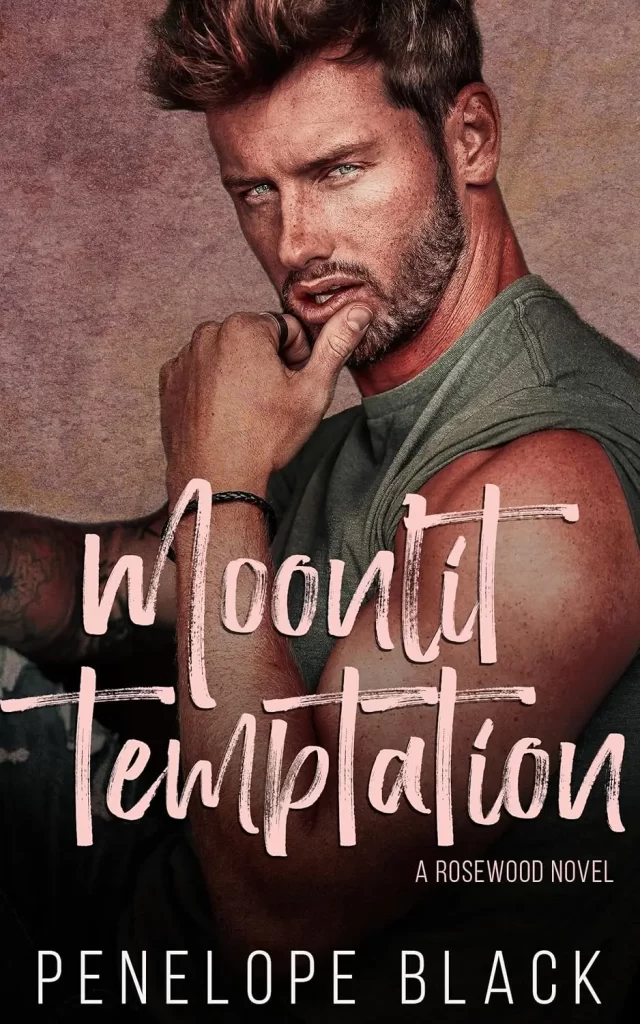 Moonlit Temptation by Penelope Black. A smoldering man in a tank top. It's another title in a disastrous script font.