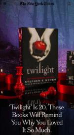 A copy of twilight against a shiny black base with red chess pieces and a welcome to forks sign against a creepy blue and pink forest background