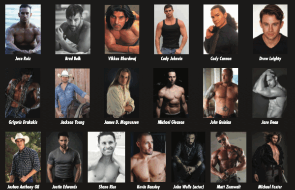The 2016 Men of Romance. 19 pictures of men in different poses, from flexing all muscles while rapped in chains (2?) to shirts and tshirts and tank tops, to bare chested and flexing. We were particularly charmed by Michael Foster, bottom right, who is wearing a big black puffy blouse UNBUTTONED BUT STILL TUCKED IN YEAH, and holding a big sword while standing in front of a major wind machine. Also, Vikkas Bhardwaj's picture looks like his head was added afterward and it's uncanny. 