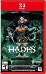 Nintendo switch packaging of Hades II with Melinöe in front wearing a sleeveless orange dress holding many weapons. Behind her is Hecate