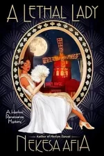 A Lethal Lady by Nekesa Afia. A gold portrait hangs in the middle with the red windmill of Moulin Rogue inside of it. Sitting on the edge of the gold frame is a Black woman in a silvery white dress with gold detailing down the middle. She's holding a a white feather fan and has a gold hairpin in her hair.