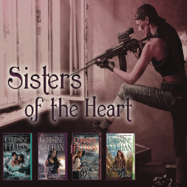 The centerfold from Christine Feehan for her Sisters of the Heart series features a sepia tone image of a woman with a cropped tank, a backwards ball cap, jeans folded up to capri length, and striped socks aiming a GIANT ASS SCOPE RIFLE out of a window. She's also got massive bullets on a belt around her waist, while, as Amanda pointed out, that gun has a magazine. We spent a lot of time with this image - look, she's even got a flask in her back pocket for when she's done. 