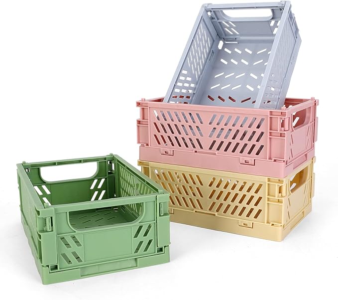 Four colorful plastic, foldable baskets.