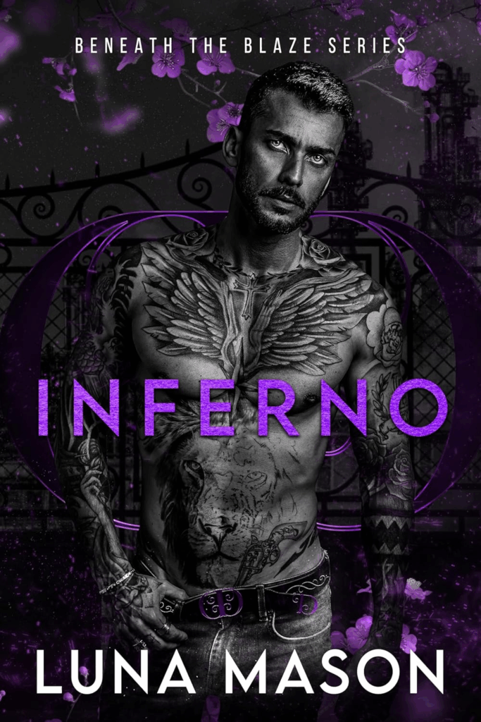 Inferno by Luna Mason. A black and white photography cover of a man covered in tattoos that are hard to make out. There's one that fans out from the middle of his chest. 