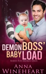 Demon Boss's Baby Load by Anna Wineheart. A smiling white dude with dark hair holding a baby. The baby has been photoshopped with cartoon raccoon ears and tail.