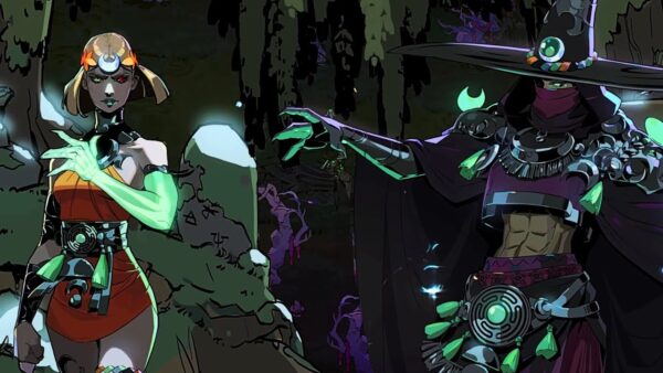 A character with dark witch hat, crop top, low slung belt and HELLA ABS has their arms out. To the left is a woman with blonde hair and green arms who is staring at the vieweer