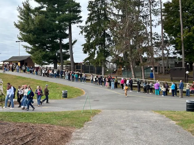 A line of people moves up a hill