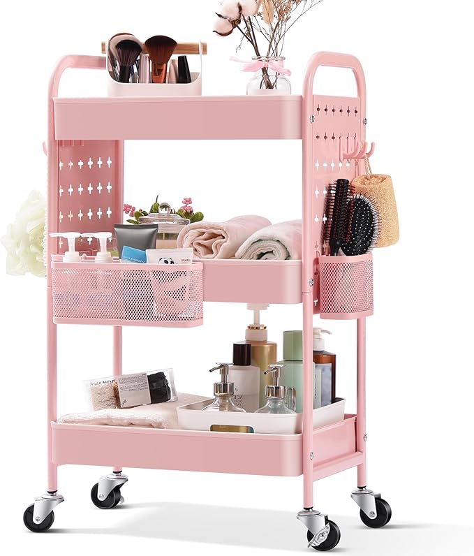 3-Tier pink rolling cart with bath and shower supplies